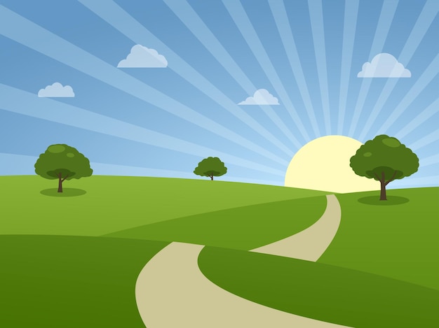 Vector sunrise in meadow flat nature with pathway background