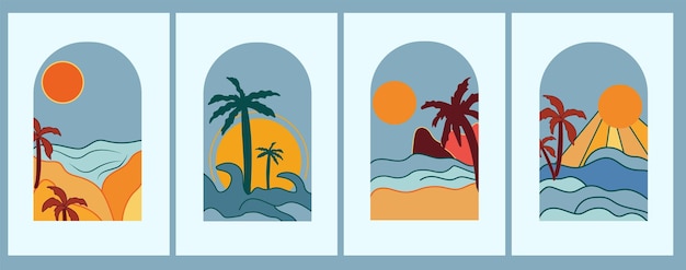 Sunrise in the Morning, with sea and palm trees. Set Minimal Background. Vintage sunset.