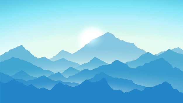 Sunrise in mountains. Mountains view in blue colors