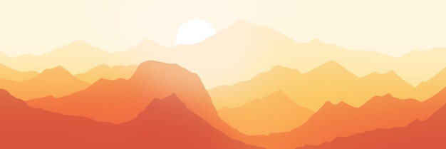 Vector sunrise in the mountains, panoramic view, vector illustration, morning landscape