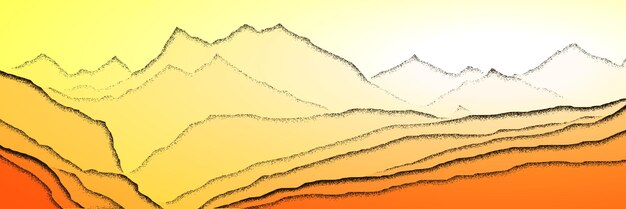 Sunrise in the mountains, panoramic view, vector illustration, pencil drawing