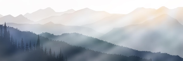 Vector sunrise in the mountains ridge in the morning fog panoramic