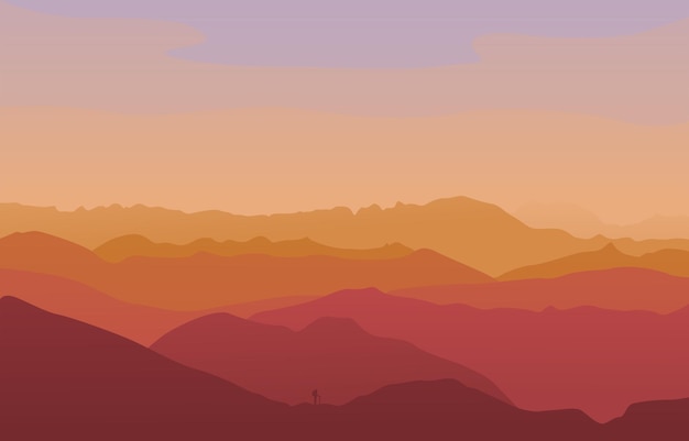Vector sunrise in the mountains silhouette of a climber on a background of mountains perfect for website social media desktop wallpapers postcards