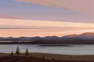 Vettore alba in montagna paesaggio vettoriale in stile piatto vista sul lago mattutino della natura settentrionale all'aperto