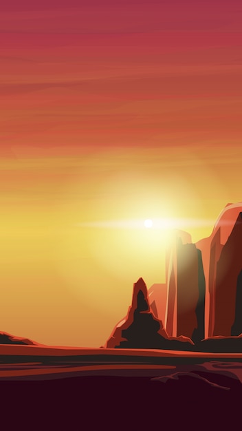 Vector sunrise in a sandy canyon in warm orange tones