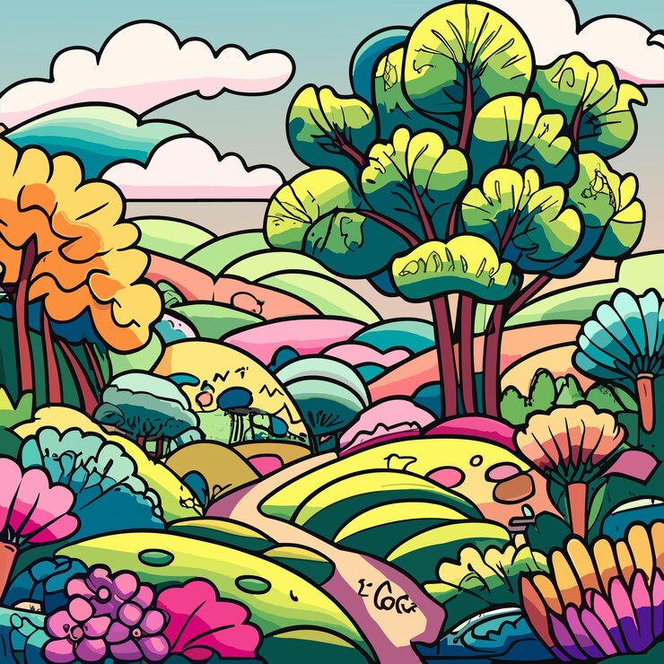 Vector sunrise or sunset landscape with rocky mountains forest with trees firs and blue water lake carto
