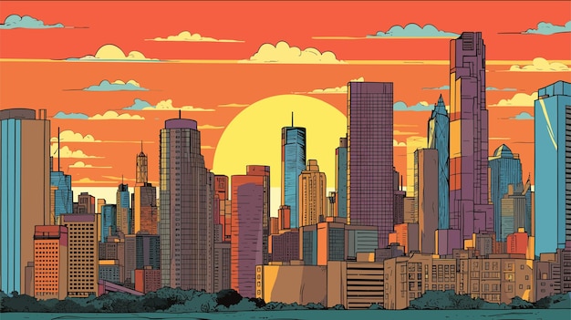 Alba e tramonto dietro gli edifici della città moderna illustrazione vettoriale grattacieli paesaggio paesaggio urbano