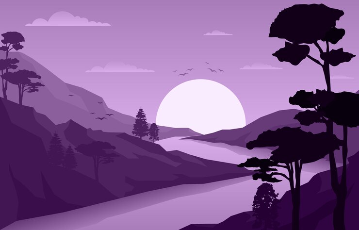 Vector sunrise sunset mountain forest wild nature landscape monochrome illustration