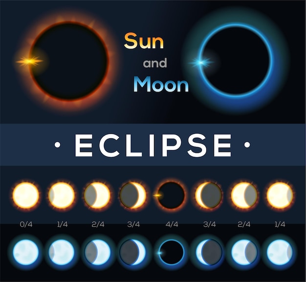 Eclissi di soli e lune diverse fasi dell'eclissi solare e lunare stile realistico