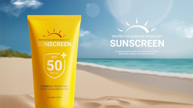 sunscreen ad banner template banner with tube of sunscreen on beach sand with sunny sea shore on ba
