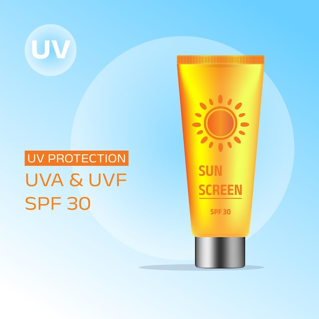 Sunscreen ad poster template banner with one golden tube of sunscreen on blue background