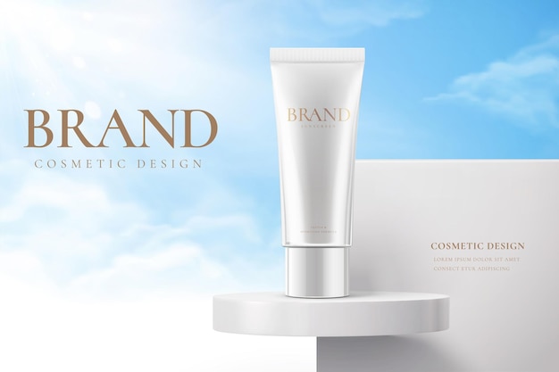 Prodotto crema solare su palcoscenico bianco su sfondo cielo nell'illustrazione 3d banner pubblicitario del prodotto di bellezza