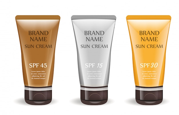 Sunscreen cream realistic package set, isolated on white background. 3d tube, bottle mock-up for brand template. .