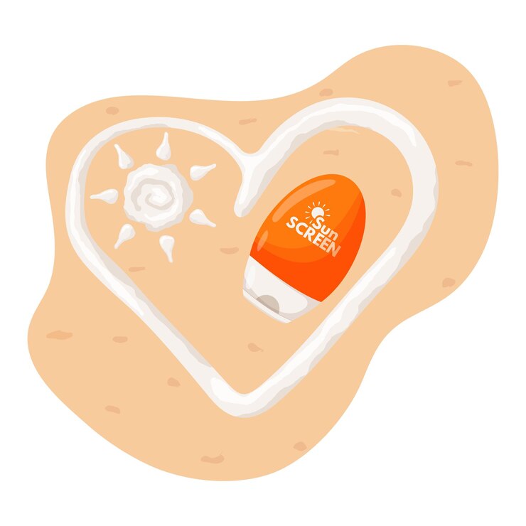 Vector sunscreen lotion on the sand sun and heart from cream on the sand moisturizer sunscreen