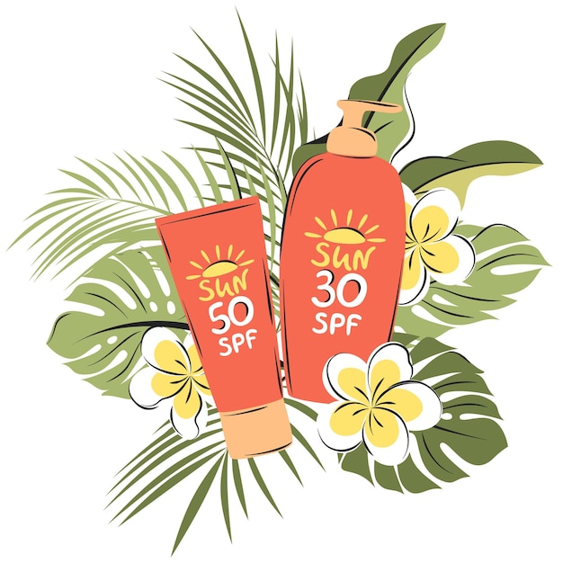 Sunscreen and lotion surrounded tropical leaves and flowers