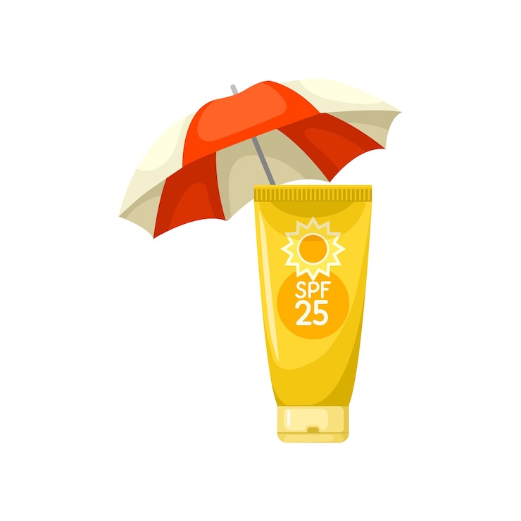 Vector sunscreen lotion tube and beach umbrella skin care and health theme flat vector for advertising flyer or poster of cosmetic product