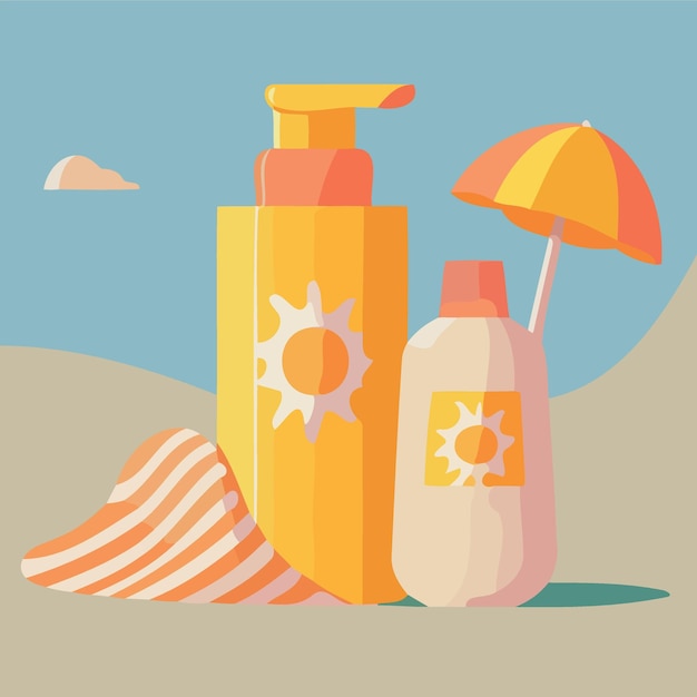 Vector sunscreen pots on the beach