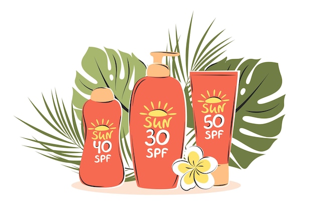 Sunscreen products with different SPF AntiUV cream with tropical leaves