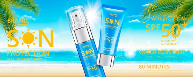 Sunscreen spray on summer beach background