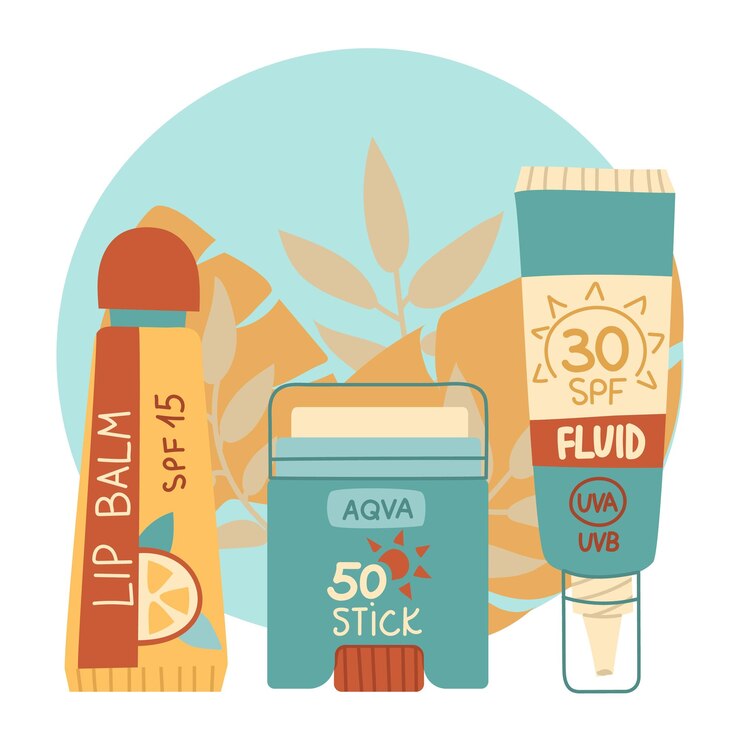 Vector sunscreen stick lip balm fluid jars in a closed tube cosmetics face and lip care products icon