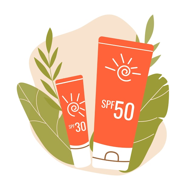 Sunscreens on the ground of tropical leaves Tubes with inscription SPF 30 SPF50