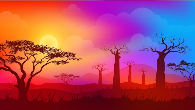 カラフルなグラデーションの空とアフリカのサバンナの風景の夕日