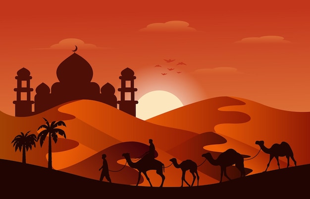 Sunset arabic desert camel caravan muslim islamic culture illustration