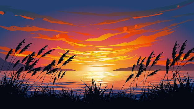 ベクトル シルエットの草と湖の夕日。風景のベクトルの背景