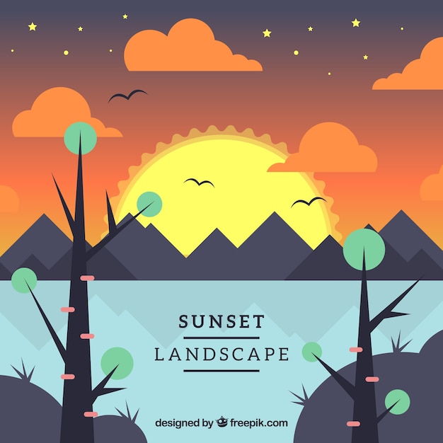 Sunset background with trees and mountains in flat design