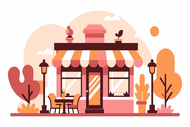 Vector sunset bathes a small cafe in warm light highlighting its quaint outdoor setting