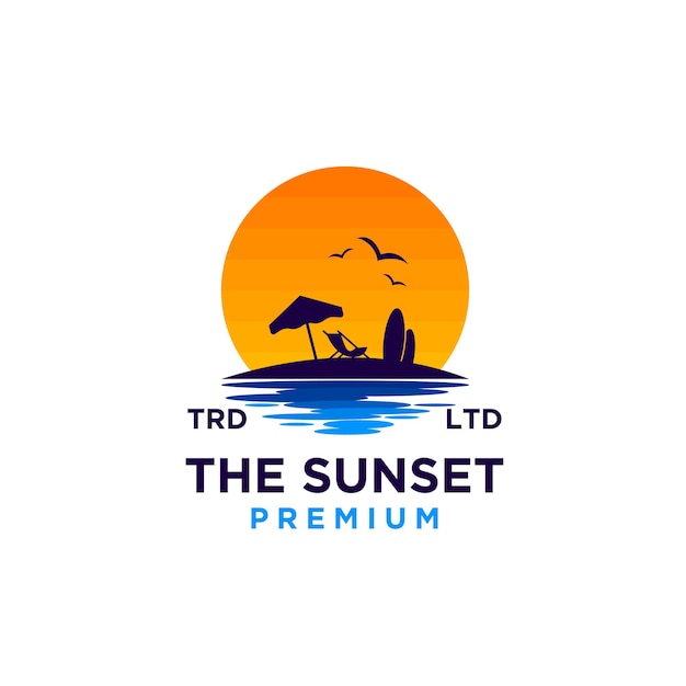 Vettore dell'illustrazione di progettazione di logo della spiaggia di tramonto