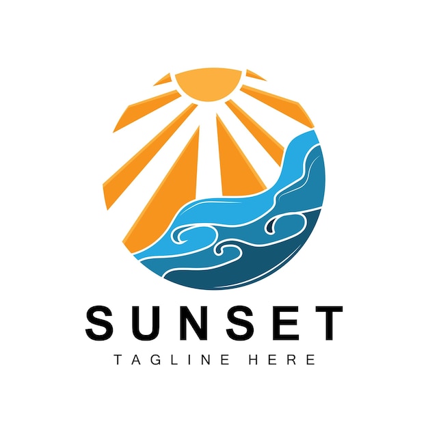 Sunset Beach Logo Design Seascape Illustration Red Day Vacation Spot Vector