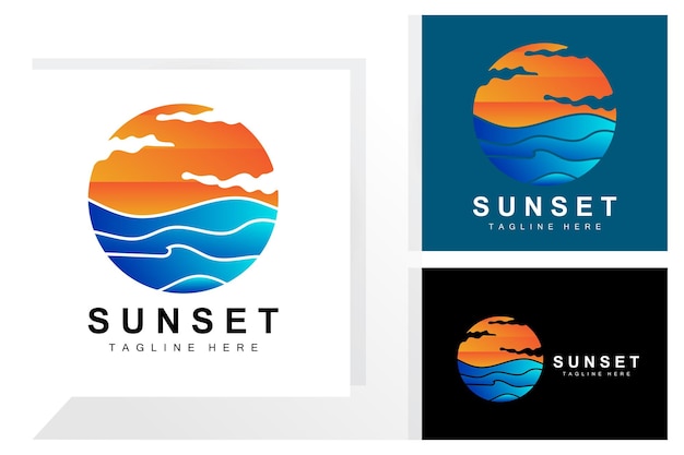 Sunset Beach Logo Design Zeegezicht Illustratie Rode Dag Vakantie Spot Vector