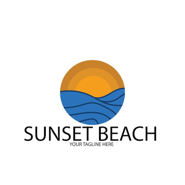 Logo dell'oceano della spiaggia al tramonto e modello vettoriale