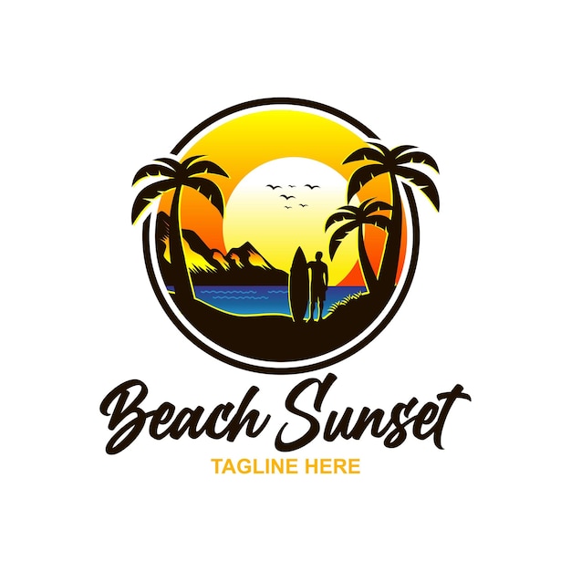 Sunset beach surfer logo design template inspiration vector illustration