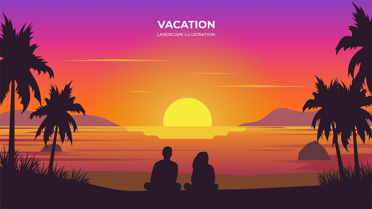 Vector ビーチに沈む夕日ベクトル シルエット風景イラスト