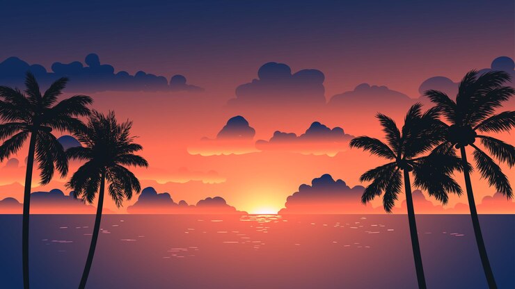 Vector sunset at beach with orange sky