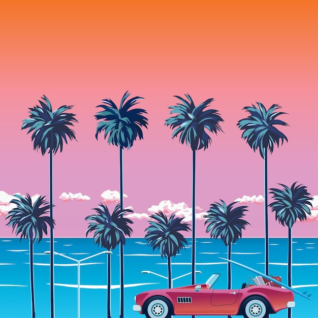 Sunset on the beach with palm trees, turquoise ocean and orange sky with clouds. car on the beach.