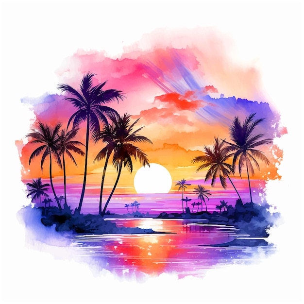 Sunset on the beach with palm trees watercolor paint
