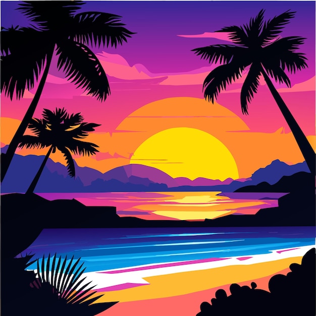 Vector sunset in beautiful beach with rocks vector illustration