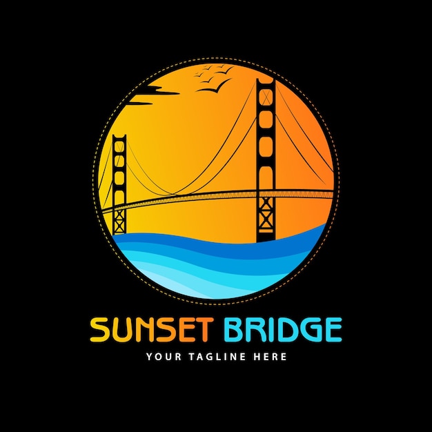 Sunset and bridge logo vector template.