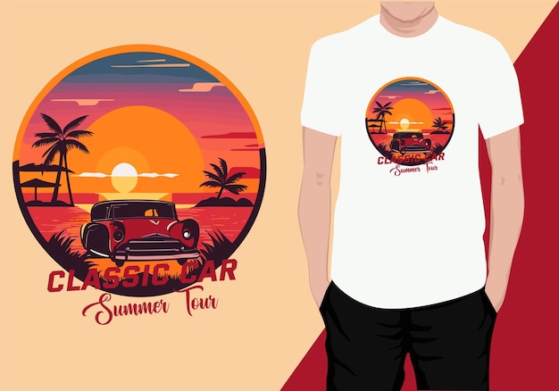 Vector sunset car t shirt design is