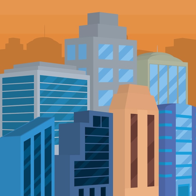 Vector sunset city landscape with buildings