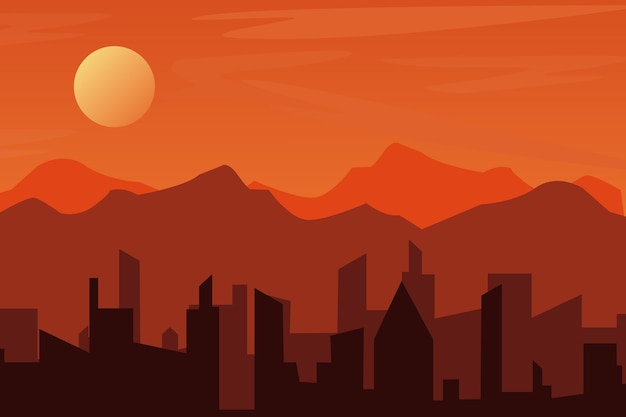 Vector sunset in the city with a cityscape and mountains in the background.