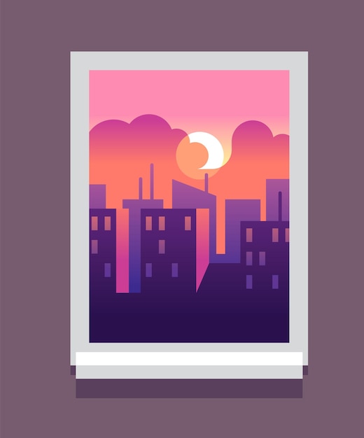 Sunset cityscape from apartment view City in window frame