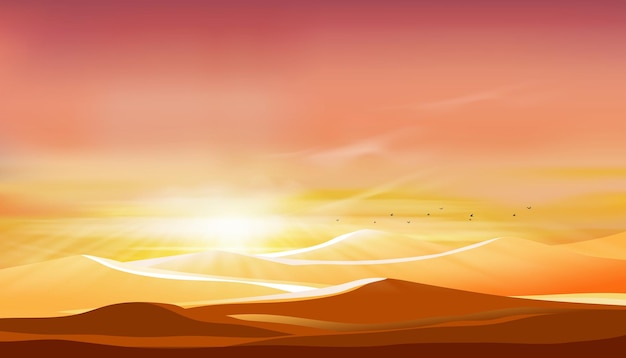 Sunset at desert landscape with sand dunes with orange sky in eveningBanner background for Islam