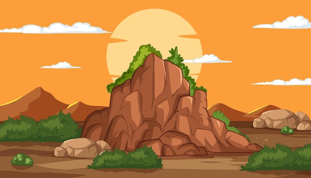 Vector sunset over desert mountain landscape