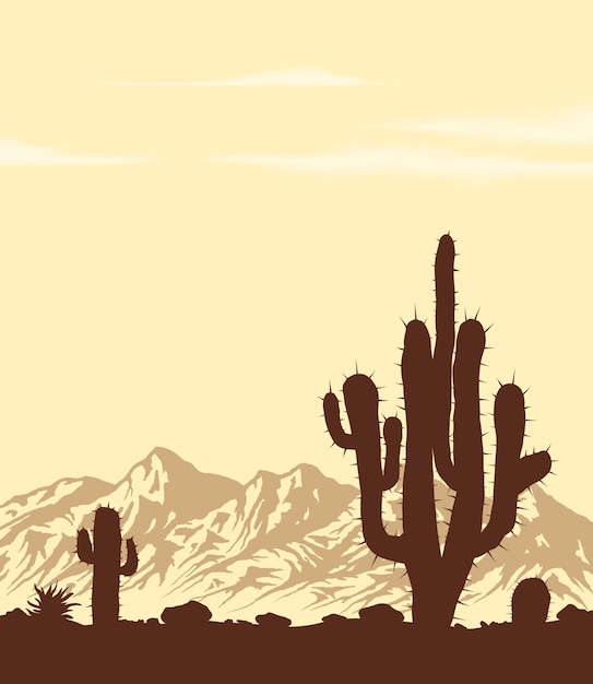 Vector sunset in desert with cactuses