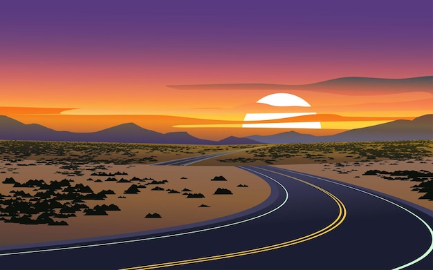 Vector sunset in desert with winding road