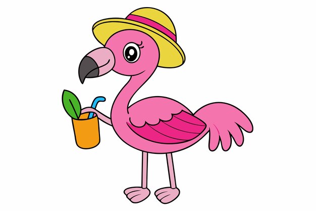 Sunset Flamingo Flamingo с солнечной шляпой и коктейльной векторной иллюстрацией для печатной графики